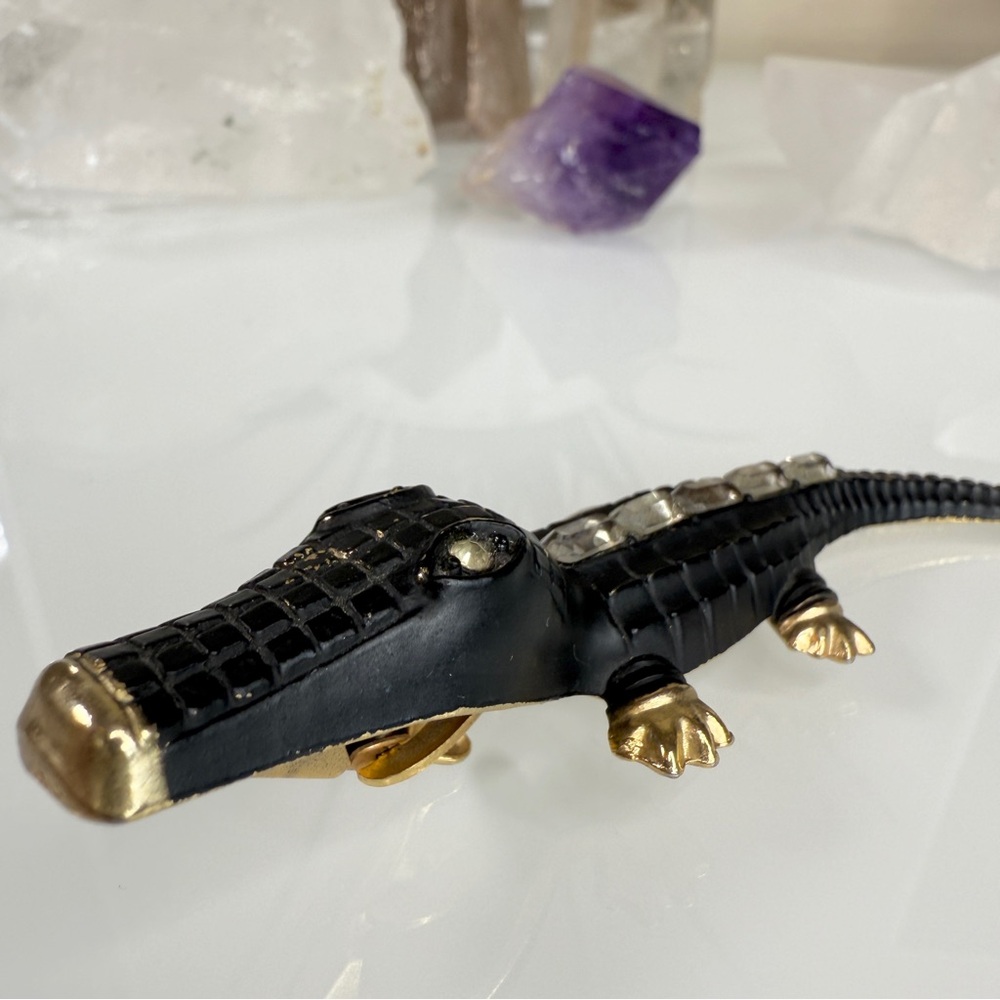 Vintage Gold Tone Metal & Black Alligator / Crocodile Clip - Picture 14 of 15